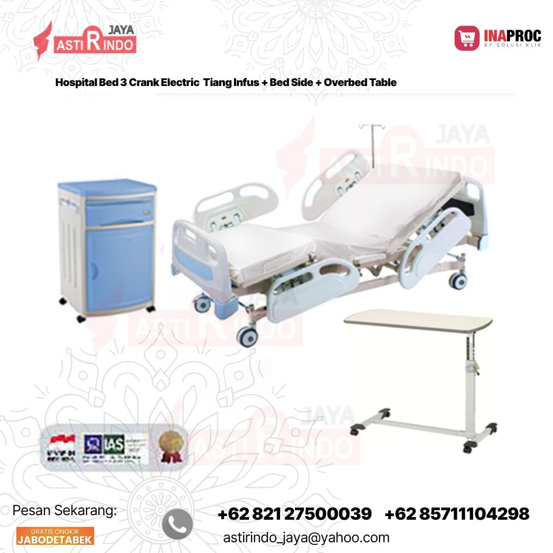 FYROM Hospital Bed 3 Crank Electricbed +tiang infus  side cabinet, matras, overbed table